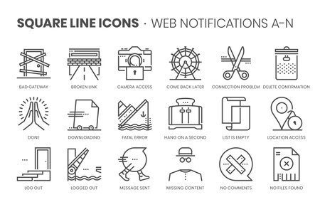 Web notifications related, square line vector icon set for applications and website development. The icon set is pixelperfect with 64x64 grid. Crafted with precision and eye for quality.のイラスト素材