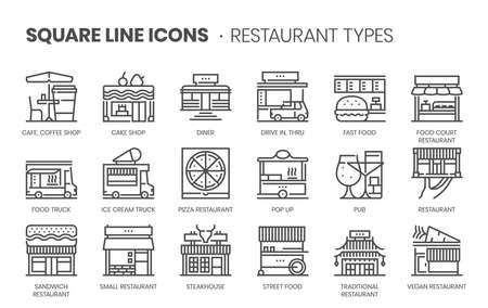 Restaurant types related, square line vector icon set for applications and website development. The icon set is pixelperfect with 64x64 grid. Crafted with precision and eye for quality.のイラスト素材