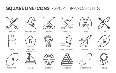 Sport branches related, square line vector icon set for applications and website development. The icon set is pixelperfect with 64x64 grid. Crafted with precision and eye for quality.のイラスト素材
