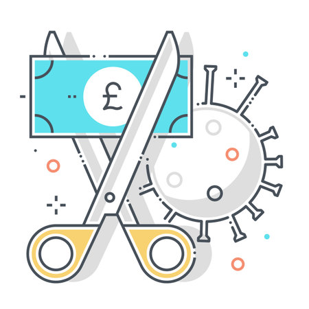 Bankruptcy related color line vector icon, illustration. The icon is about money, economy, scissors, tax, corona virus, contamination, epidemic. The composition is infinitely scalable.のイラスト素材