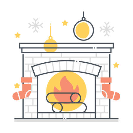 Fire place related color line vector icon, illustration. The icon is about socks, hearth, winter, new year, holiday, Christmas. The composition is infinitely scalable.のイラスト素材