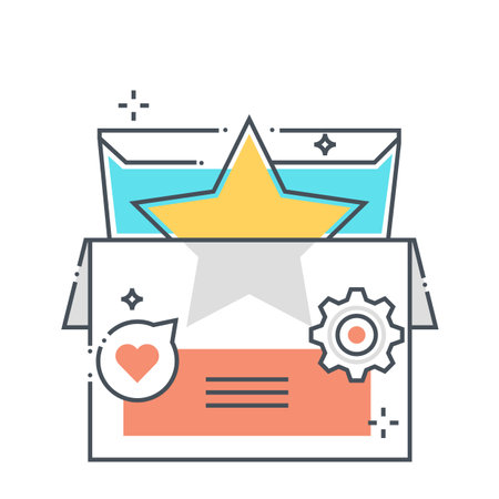 Product promotion related color line vector icon, illustration. The icon is about advertisement, marketing, box, star. The composition is infinitely scalable.のイラスト素材