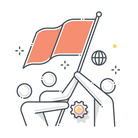 Collaboration related color line vector icon, illustration. The icon is about communication, team work, together, cooperate, flag, work, stick figures. The composition is infinitely scalable.のイラスト素材