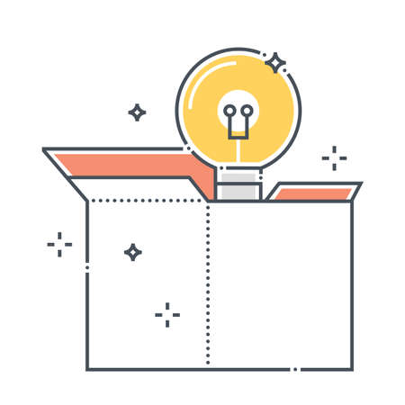 Think outside the box related color line vector icon, illustration. The icon is about idea, product, new product, box, package, lamp, creativity. The composition is infinitely scalable.のイラスト素材
