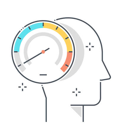 Learning speed related color line vector icon, illustration. The icon is about speedometer, thought, problem solving, cursor, avatar, face. The composition is infinitely scalable.のイラスト素材