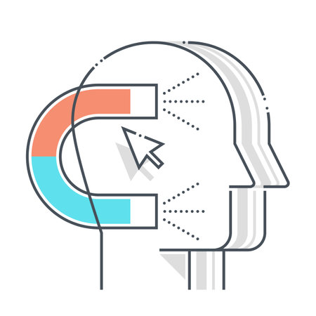 Customer acquisition related color line vector icon, illustration. The icon is about advertisement, cursor, magnet, marketing, solution, clients. The composition is infinitely scalable.のイラスト素材