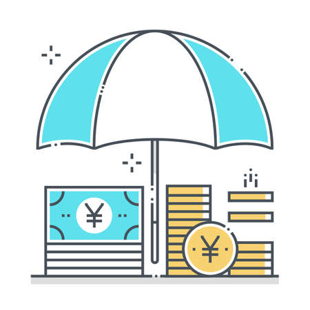 Income protection related color line vector icon, illustration. The icon is about assurance, umbrella, income, bank, account, money, coin. The composition is infinitely scalable.のイラスト素材