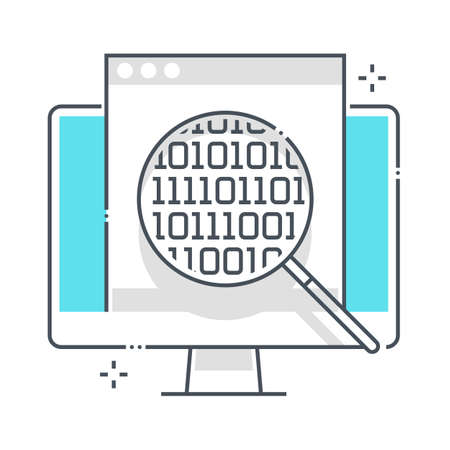 Big data related color line vector icon, illustration. The icon is about storage, computing, computer, file, magnifier, search. The composition is infinitely scalable.のイラスト素材