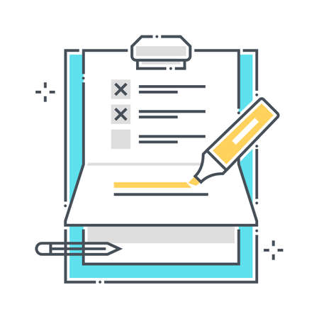 To do list related color line vector icon, illustration. The icon is about clipper, paper binder, pen, survey, marker. The composition is infinitely scalable.のイラスト素材