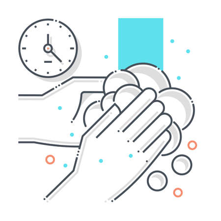 Cleaning related color line vector icon, illustration. The icon is about hand wash, soap, hands, water,  contamination, epidemic, duration. The composition is infinitely scalable.のイラスト素材