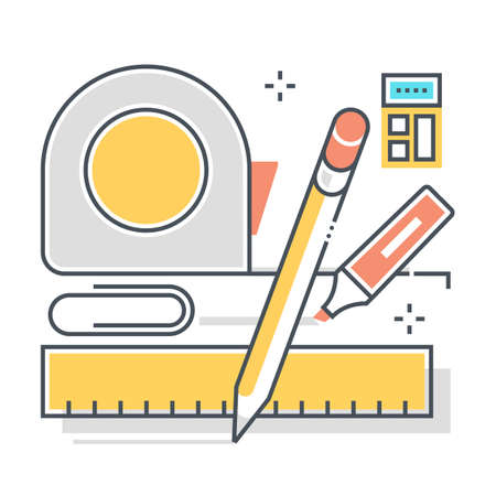 Calculation related color line vector icon, illustration. The icon is about tools, ruler, pencil, marker, meter, calculator, square feet. The composition is infinitely scalable.のイラスト素材