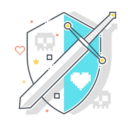 Shield and armor related color line vector icon, illustration. The icon is about mantlet, buckler, protection, sword. The composition is infinitely scalable.のイラスト素材