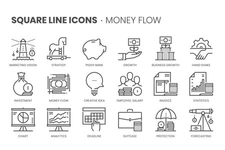 Money flow, square line icon set. The illustrations are a vector, editable stroke, thirty-two by thirty-two matrix grid, pixel perfect files.のイラスト素材