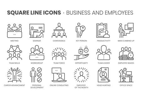 Business and employees, square line icon set. The illustrations are a vector, editable stroke, thirty-two by thirty-two matrix grid, pixel perfect files.のイラスト素材