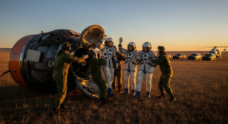 Spaceship crew in the field at sunset. 3d renderingの素材