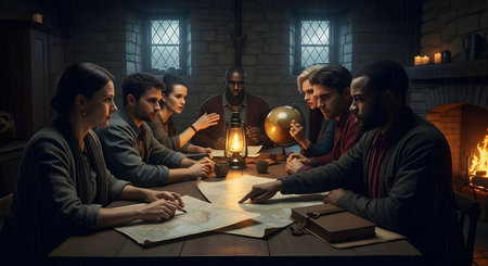 Group of young people sitting at the table and discussing a plan in a dark roomの素材