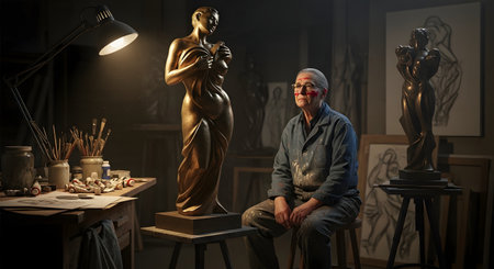 Portrait of a senior man sitting at his desk in his workshopの素材