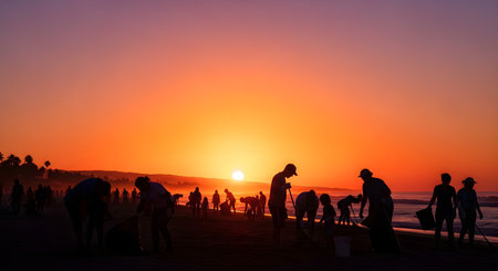 The silhouette of a large group of volunteers is seen cleaning a beach against the backdrop of a stunning, vibrant sunset. People are bent over, picking up trash and carrying buckets, demonstrating a collective effort in environmental conservation. The scene highlights community action and care for the planet.の素材