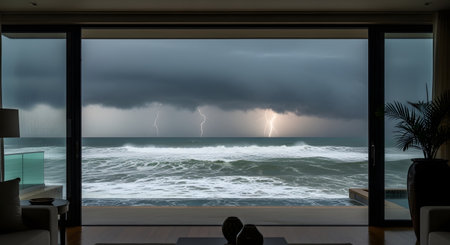 Stormy weather in the interior of a hotel room with a large windowの素材