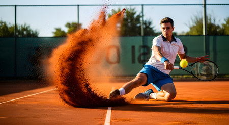 Tennis player in action during a match on a tennis court.の素材