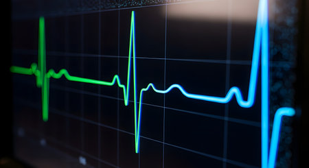 A close-up, angled shot of a medical monitor displaying an electrocardiogram (EKG or ECG) heartbeat line in vibrant green and blue colors. The rhythmic pulse represents life, health, and medical monitoring. The grid and dark background are typical of a hospital or clinical setting.の素材