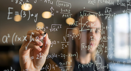 A person's hand is shown in close-up, using a marker to write complex mathematical and physics formulas on a transparent glass board. The writer's face is blurred in the background, placing the entire focus on the intricate equations and the act of intellectual problem-solving, teaching, or research.の素材