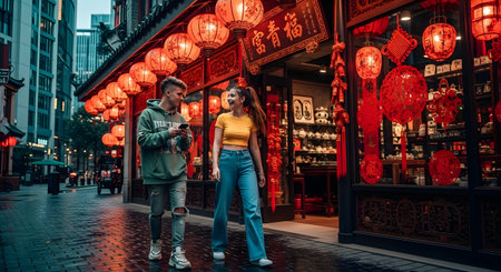 A stylish young couple walks and talks together down a wet cobblestone street in a vibrant Chinatown district at night. The storefronts are beautifully decorated with rows of traditional, glowing red Chinese lanterns that cast a warm, romantic light on the scene, creating a rich cultural atmosphere.の素材