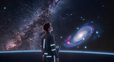 A person in a futuristic outfit stands in what appears to be a space station or observatory, looking up at a massive, immersive screen or window displaying a stunning view of the Milky Way and Andromeda galaxies. The scene evokes a sense of wonder, awe, and the future of space exploration and astronomy.の素材