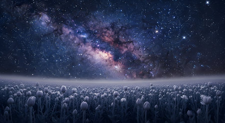 A surreal and magical landscape features a vast field of white tulips under a breathtaking night sky filled with stars and the vibrant colors of the Milky Way galaxy. A gentle mist blankets the flower field, creating an ethereal and dreamlike atmosphere. This image evokes a sense of wonder, peace, and the beauty of the cosmos.の素材