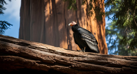 A majestic California condor, a critically endangered species, is perched on a large fallen log in a forest of giant sequoia trees. The massive trunk of a sequoia provides a stunning backdrop, highlighting the grandeur of both the bird and its natural habitat. This image represents wildlife conservation and the beauty of America's national parks.の素材