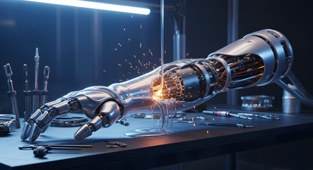 A detailed robotic arm lies on a workbench in a high-tech workshop, undergoing repair or construction. A precision tool is applying molten solder or welding the intricate inner mechanisms, creating a bright flash and sparks. The image represents advanced robotics, engineering, and manufacturing.の素材
