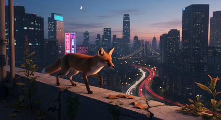 A red fox cautiously walks along a ledge on a city rooftop at dusk, with the glowing skyline of a metropolis in the background. Light trails from traffic are visible on the roads below. This striking image illustrates the intersection of urban life and wildlife, as nature adapts to human environments.の素材