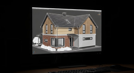 A computer screen displays a three-dimensional wireframe model of a modern, multi-story house with a chimney and detailed architectural features. The image is a render of a computer-aided design, highlighting the process of digital architecture and home design. The scene conveys themes of technology, construction, and design.の素材