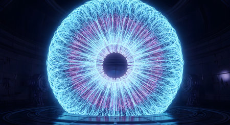 A powerful, eye-shaped spherical energy core or reactor glows with a vibrant blue light and intricate lines within a dark, futuristic laboratory. The image represents advanced technology, clean energy, and a sci-fi conceptual design.の素材