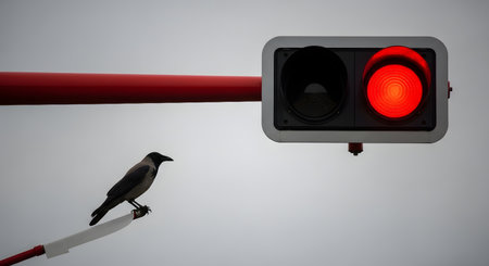A hooded crow is perched next to a modern traffic light showing a red signal, against a plain, overcast sky. The minimalist composition creates a striking contrast between urban technology and wildlife.の素材