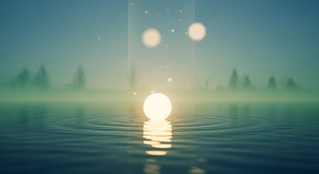 A surreal and mysterious image of a glowing, ethereal sphere floating on the surface of a body of water at dusk, with its reflection visible below. The calm, foggy background and soft light create a serene and magical atmosphere.の素材