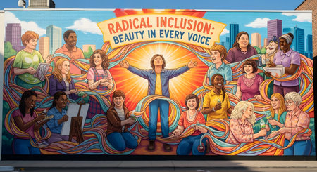 A colorful mural on a building wall depicts a central glowing figure with arms outstretched, surrounded by a diverse group of people. A banner reads 'RADICAL INCLUSION: BEAUTY IN EVERY VOICE', symbolizing diversity, unity, and social activism.の素材