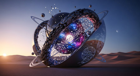 A complex, abstract, sci-fi planetary model stands on the sand of a desert landscape at sunrise. The model is a sphere of interconnected rings, glowing lights, and fragmented rock, with a galaxy and astrological symbols on its surface. The image is a conceptual representation of astronomy, technology, and the mystery of the cosmos.の素材