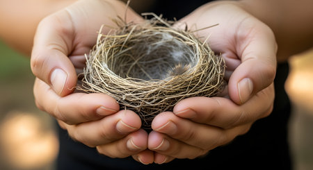 A close-up shot of a pair of cupped hands gently holding a small, intricately woven, empty bird's nest. The image evokes concepts of home, family, nature, care, fragility, and the bittersweet feeling of an empty nest.の素材