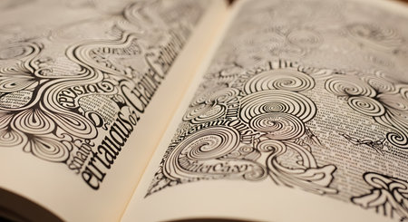 A close-up shot of an open book reveals pages filled with incredibly intricate, hand-drawn illustrations and calligraphy. The black ink artwork features complex swirls, patterns, and stylized text, creating a visually dense and artistic design. This image highlights creativity, detailed craftsmanship, and the beauty of illustrated manuscripts.の素材