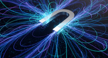 A powerful visualization of a horseshoe magnet generating a vibrant magnetic field. Glowing lines of blue and purple energy flow between the north and south poles, illustrating concepts of physics, science, attraction, and invisible forces.の素材