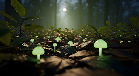 A magical, low-angle view of a dark forest floor at dusk or night, where numerous small, green mushrooms glow with a soft bioluminescent light. The enchanting scene is filled with a sense of mystery, with a bright moon visible through the misty trees in the background.の素材