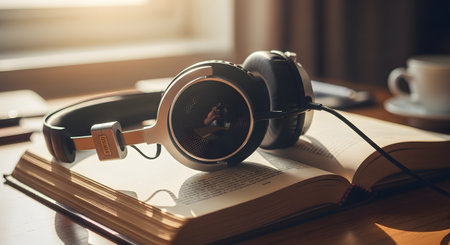 A pair of stylish headphones rests on the pages of an open book, bathed in warm sunlight on a wooden desk. This cozy and serene image perfectly illustrates the concept of listening to audiobooks, studying with music, or relaxing with a podcast.の素材