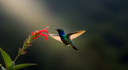 A beautiful, iridescent green and blue hummingbird is captured in mid-air, with its wings in motion, as it feeds on the nectar of a vibrant red flower. The soft, blurred background highlights the delicate beauty and grace of this tiny bird in nature.の素材
