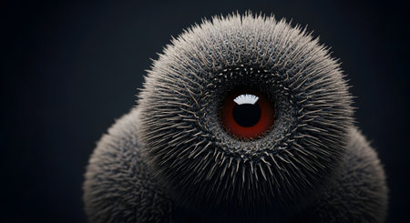 A surreal macro close-up of a strange, abstract creature covered in dense, spiky fur. The bizarre being has a single, large, glossy red eye that stares out from the center of its spherical body against a dark, moody background.の素材