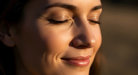 A serene close-up of a woman's face with her eyes closed and a gentle, contented smile, basking in warm golden sunlight. The lighting highlights the natural texture of her skin and the happy crinkles around her eyes, conveying peace and inner joy.の素材