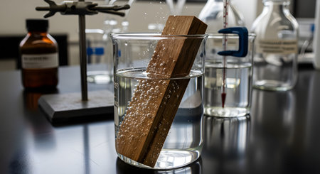 In a scientific laboratory, a rectangular block of wood is submerged in a clear liquid within a glass beaker, causing numerous small bubbles to form and rise from its surface. This image captures a moment of chemical reaction or material science experimentation.の素材