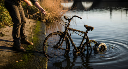 A person is using a rope and a large neodymium magnet to pull a rusty, mud-covered bicycle out of a river or canal. This image showcases the hobby of magnet fishing, which helps clean up waterways and uncover lost items.の素材