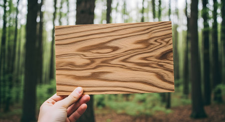 A person's hand holds up a rectangular plank of wood, showcasing its beautiful, natural grain pattern. The background is a softly blurred forest, creating a direct connection between the raw material and the finished lumber product.の素材