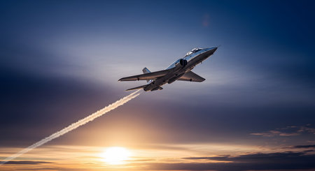 A powerful military fighter jet is captured in a steep, high-speed climb, leaving a dramatic white contrail across a beautiful sunset sky. The image conveys themes of power, speed, modern aviation, and the technological prowess of the air force.の素材
